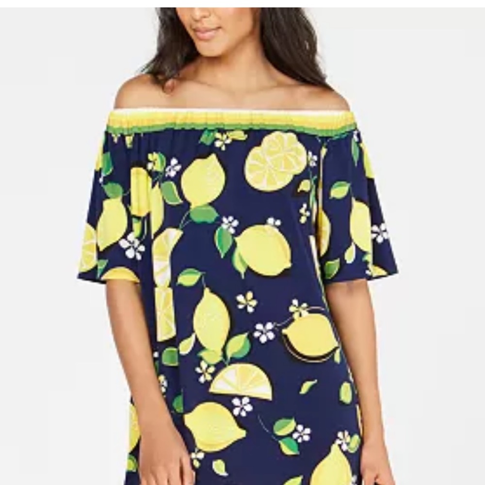 Trina Turk Off-The-Shoulder Lemon-Print Shift Dress